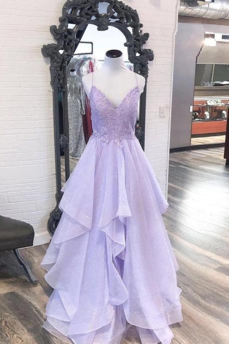Purple Tulle Homecoming Dress V-neck Spaghetti Strap Flower Lace Sparking Tulle Ruffles A-line Floor Length Women Prom Dress