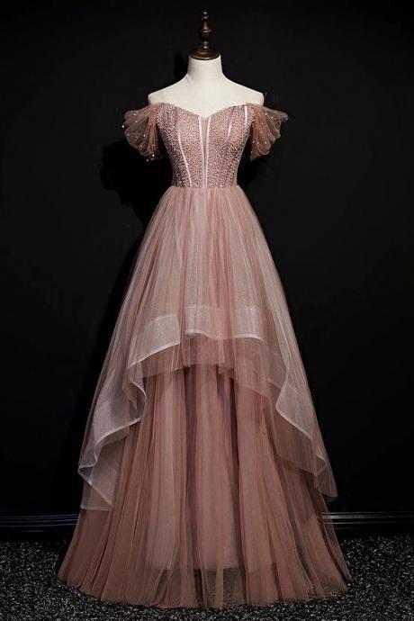 Pink Tulle Long Prom Dresses Off Shoulder Shiny Sequins Beading A-line Evening Gowns
