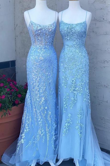 Pretty Blue Lace Tulle Spaghetti Strap Long Mermaid Prom Dresses Evening Dresses