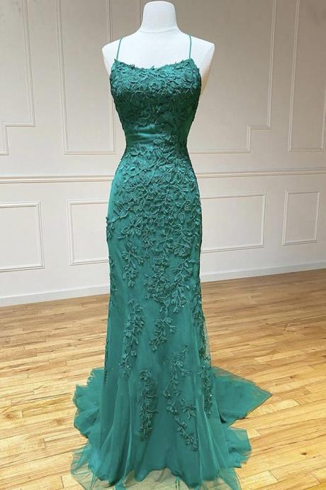 Green Lace Tulle Spaghetti Strap Long Mermaid Prom Dresses Crystal Graduation School Party Gown