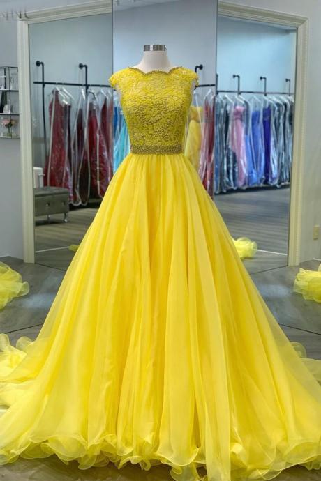 Brand Yellow Lace Tulle Beaded Long Prom Dress Formal Dresses