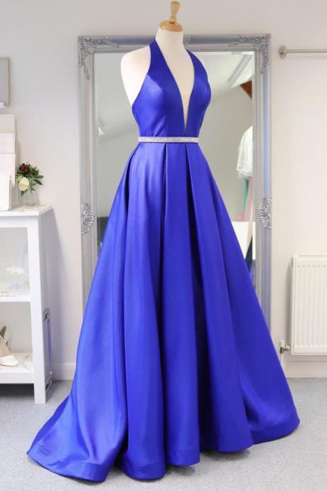Royal Blue Satin Deep V Neck Simple Long Prom Dress Backless Party Dresses