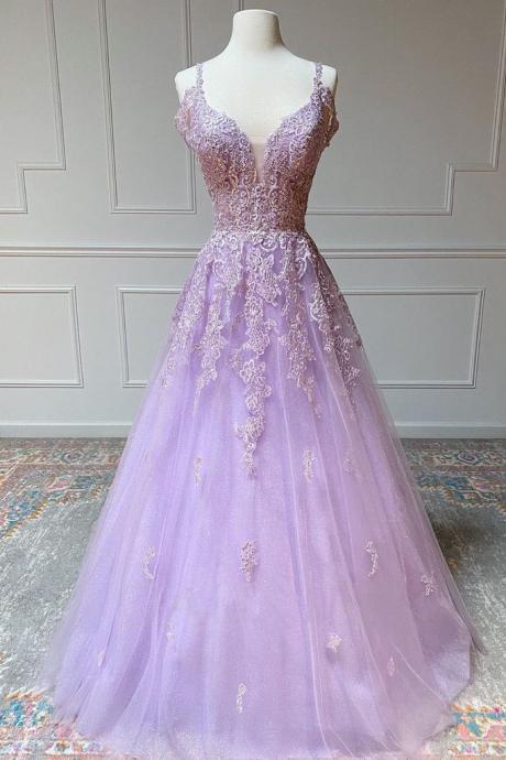 Lilac Tulle Long Prom Dresses A-line Custom Appliques Long Party Gowns Evening Dress