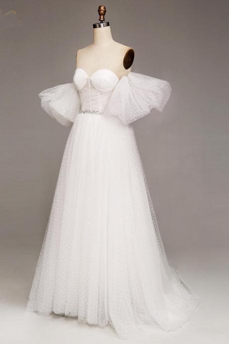 Sweetheart White Tulle Strapless Short Sleeves Long Formal Prom Dress, Beaded Evening Dresses