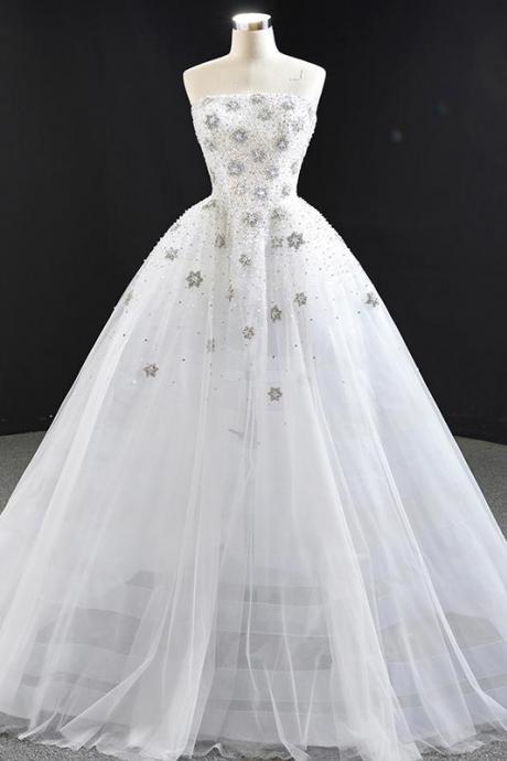 White Tulle Strapless Long Bridal Wedding Dress Applique Formal Prom Dress