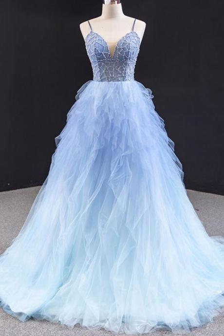 Blue Tulle Long Evening Dress Sequins Beading Backless Ruffles Long Prom Dresses