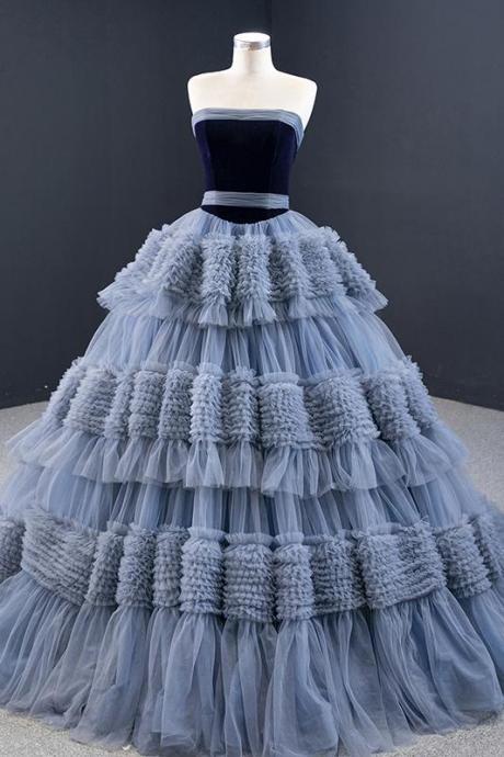 Strapless Blue Tulle Tiered Lace-up Banquet Ruffles Evening Dress Long Train Formal Prom Dress