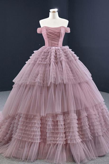 Pink Tulle Long Tiered Backless Ruffled Evening Dress Formal Prom Dresses Ball Gown