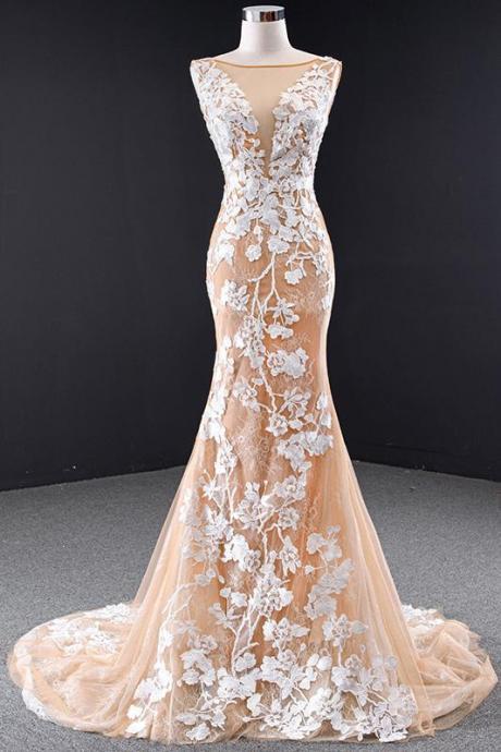 Champagne Tulle Long Evening Dress White Printed Pattern Lace Backless Trailing Prom Dress