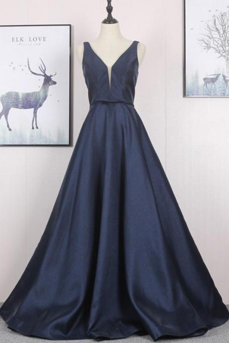 Simple A- Line Deep Blue Satin Long Prom Dress Party Dresses