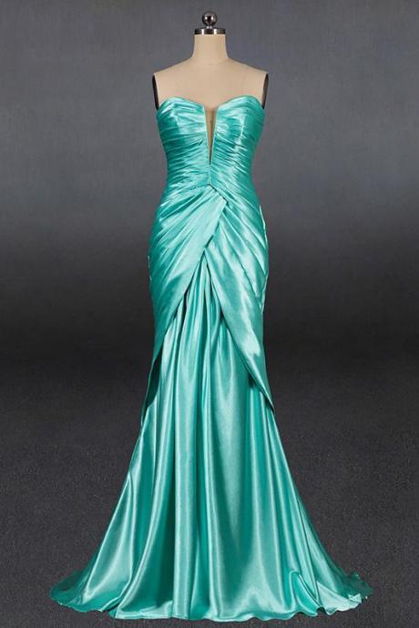 Latest Green Satin Slim Tube Top Prom Dress Banquet Party Wedding Evening Dress