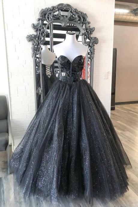Brand Sweetheart Black Tulle Long Beaded Formal Prom Dress, Evening Dresses