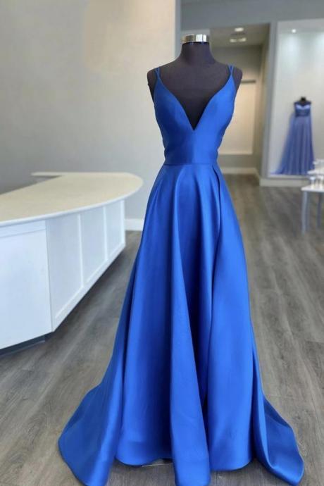 Brand Royal Blue Satin Long V Neck Prom Dress, Evening Dresses
