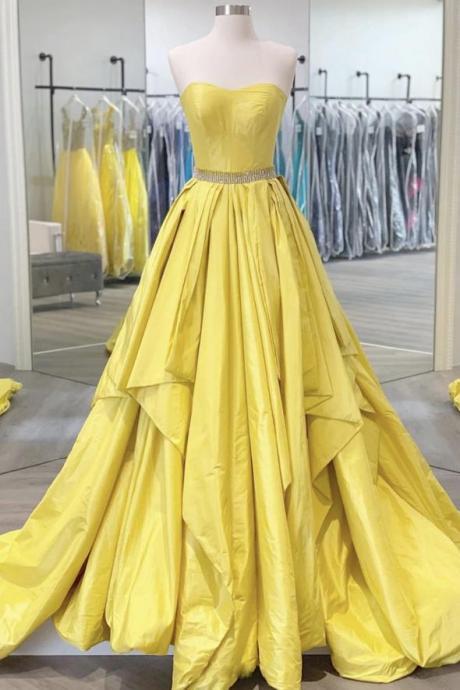 Yellow Satin Strapless Long A Line Beaded Prom Dress, Evening Dresses