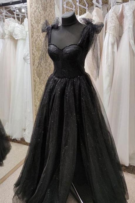 Sweetheart Black Tulle Sleeveless Prom Dress Evening Dress Sparkly Women Corset Formal Party Evening Gown