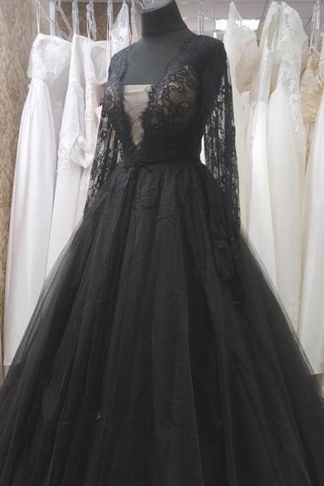 Black Deep V Neckline Evening Dress With Long Sleeves Black Lace Women Prom Dress Evening Gown
