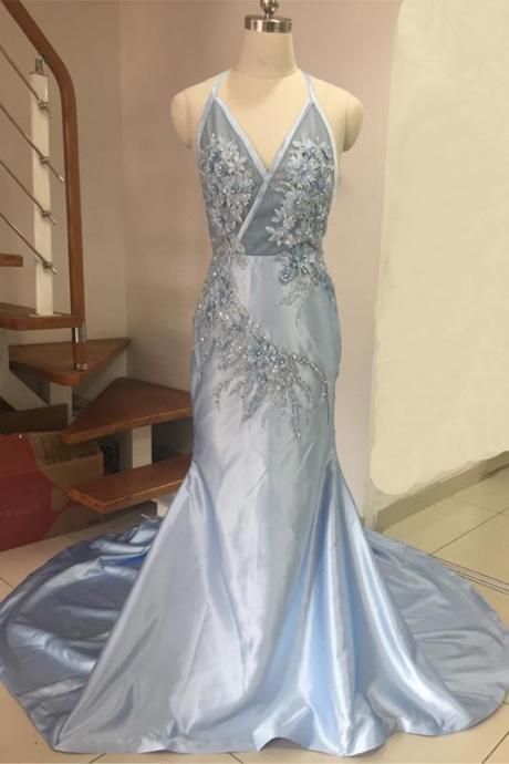 Blue Halter Mermaid Evening Dresses Lace Appliques Pearl Beading Backless Celebrity Gowns Sweep Train Special Occasion Prom Dress