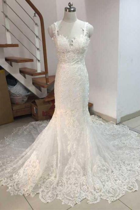 White Spaghetti Strap Mermaid Wedding Dresses Bridal Gown Backless Full Lace Appliques Backless Wedding Gowns Prom Dress