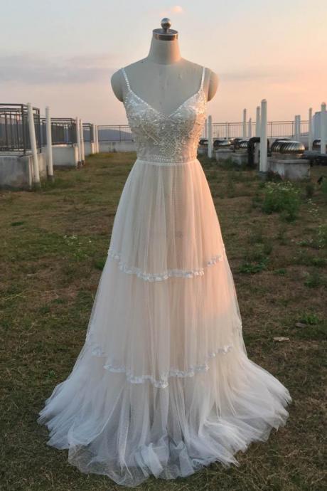 Ivory Beach Wedding Dresses Prom Dress V Neck Spaghetti Strap Bridal Gowns Bohemian Country Wedding Gown