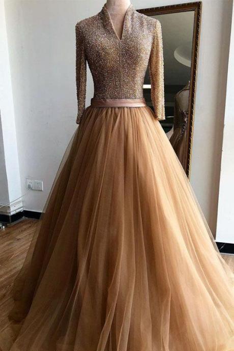 Dark Champagne Muslim Evening Dresses Beading Top Long Sleeves Tulle Formal Prom Dress