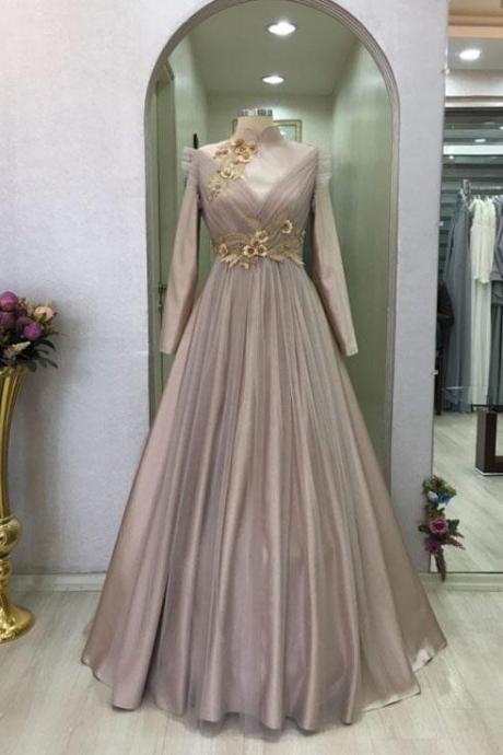 2021 New Flowers Appliques Muslim Prom Dress High Neck Long Sleeve Pleats Saudi Arabic Formal Party Gowns