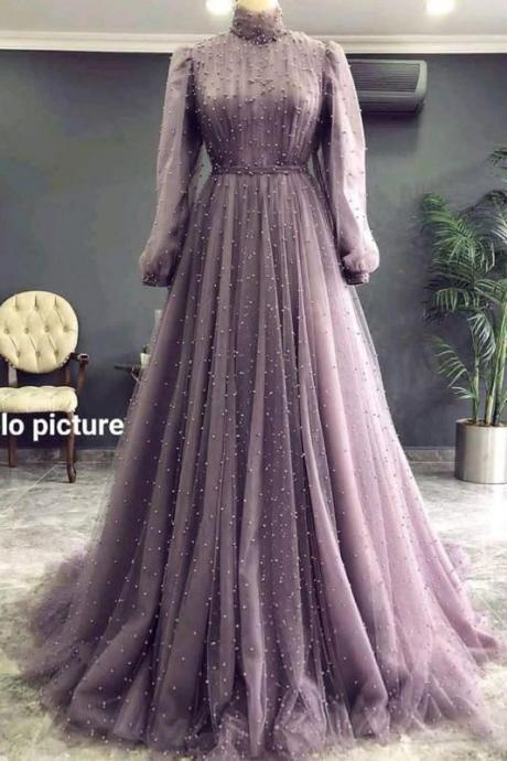 Lilac Tulle A Line Evening Dress Beads High Neck Long Sleeve Formal Prom Dress Robes De Caftan Abaya Dubai