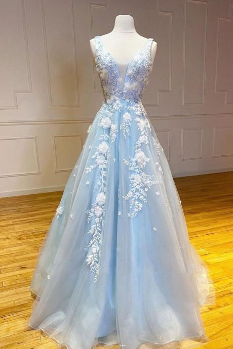 Blue Tulle V Neck Long A Line Prom Dress, Formal A Line Evening Dresses