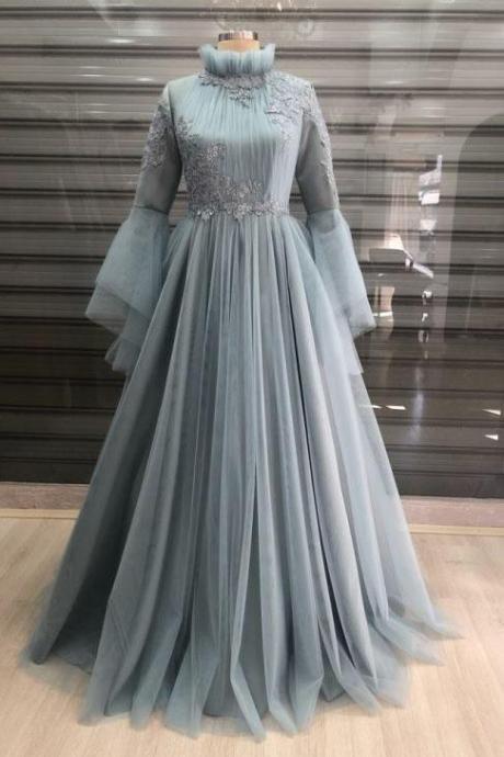 Brand Long Sleeve Muslim Prom Dress 2021 High Neckline Saudi Arabic Evening Formal Party Gowns