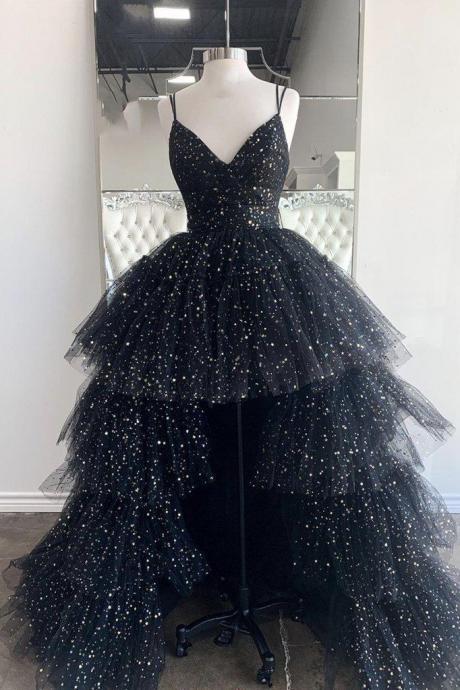 2021 Black Tulle V Neck Spaghetti Straps Long Prom Dress Layered Prom Gown