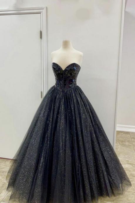 Sweetheart Black Tulle Beaded Long Strapless Prom Dress, Evening Dresses