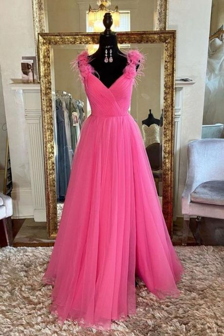 Pink Tulle V Neck Long A Line Customize Prom Dress, Graduation Dresses