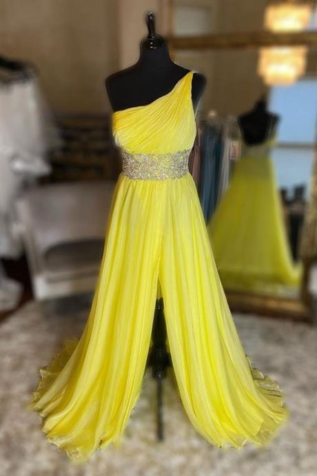 Yellow Tulle One Shoulder Beaded Sequins Waistline Long Prom Dress, Party Dress