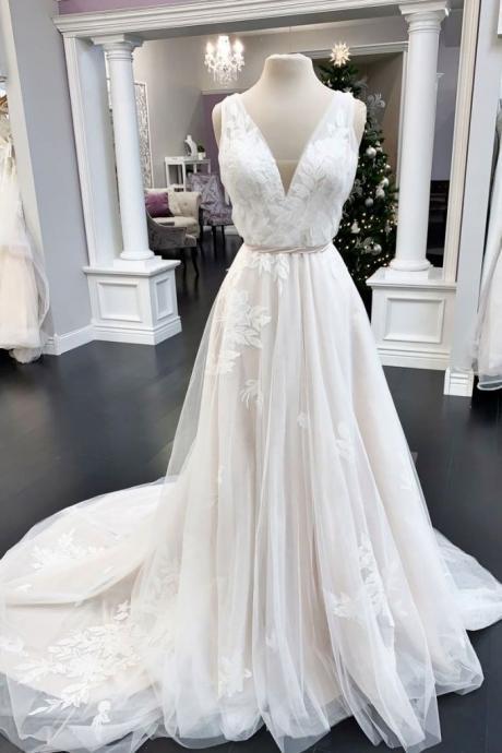 White Tulle Lace V Neck Long Formal Prom Dress, Evening Dress