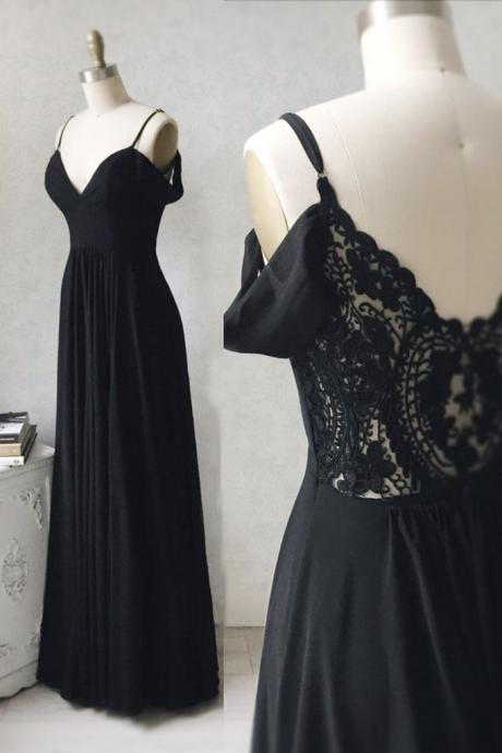 Simple Black Chiffon Lace V Neck Long Prom Dress, Evening Dress