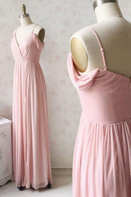 Simple V Neck Long Pink Chiffon Open Back Prom Dress, Evening Dress