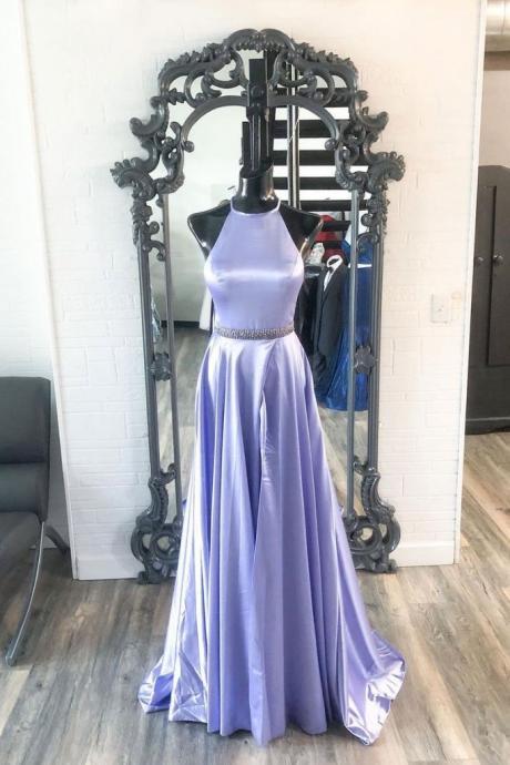 Brand Lavender Satin A Line O Neck Long Prom Dress, Party Dresses