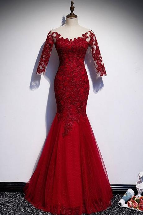 Burgundy Tulle Lace Round Neck Long Mermaid Prom Dress, Evening Dress