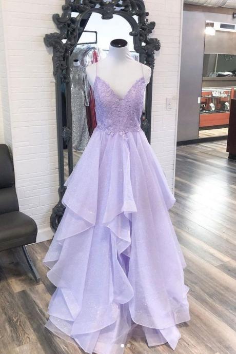 Lavender Tulle Lace Spaghetti Straps Open Back Long V Neck Prom Dress Formal Dress Party Dress