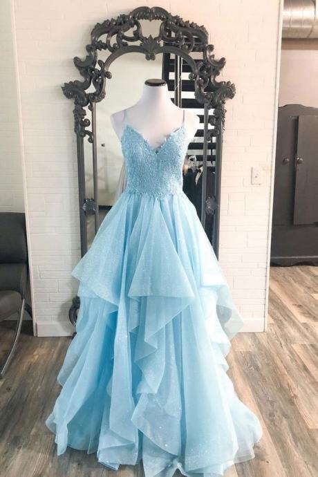 Baby Blue Tulle Lace Spaghetti Straps Long V Neck Prom Dress Formal Dress Party Dress