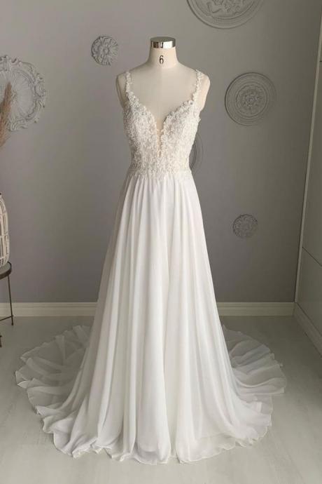White Chiffon Lace V Neck Long A Line Prom Dress, Evening Dress Formal Dress