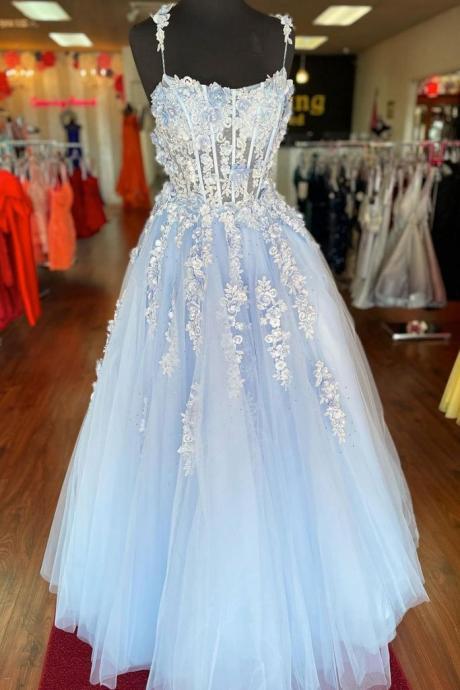 Baby Blue Tulle Lace Applique Long Dress Prom Dress Formal Dresses