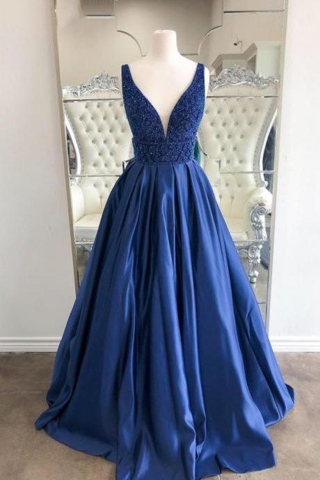 Navy Blue Satin Beaded V Neck Long A Line Prom Dress, Evening Dresses