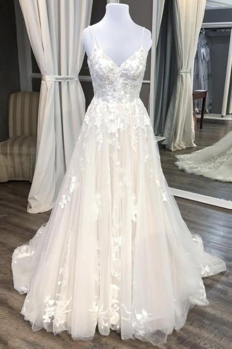 White Tulle V Neck Long Spaghetti Straps A Line Formal Prom Dress, Evening Dress