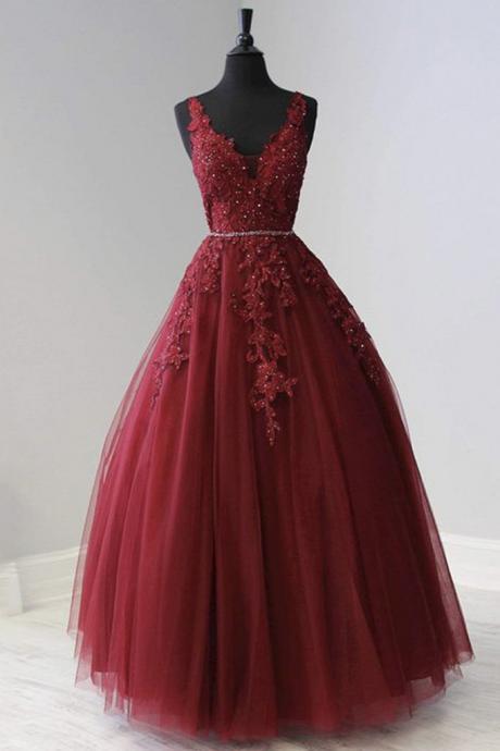 Brand Burgundy Tulle V Neck Long Lace Applique Prom Dress Evening Dresses