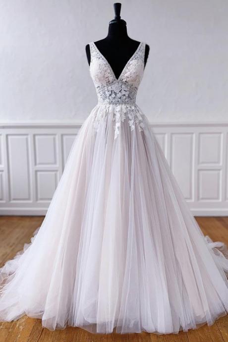 Brand White Tulle V Neck Long A Line Lace Formal Prom Dress, Wedding Dress