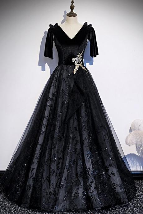 Black Velvet Lace V Neck Short Sleeve Long Prom Dress, Party Dress With Appliques