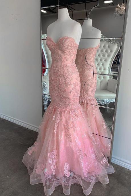 Strapless Pink Tulle Lace Long Mermaid Prom Dress Evening Dresses
