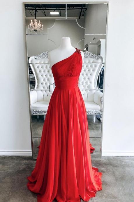 Red Chiffon One Shoulder Long A Line Customize Prom Dress, Evening Dress
