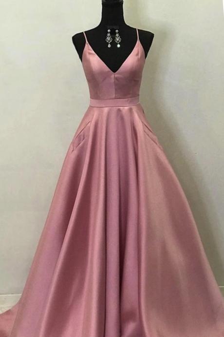 Simple Pink Satin V Neck Long A Line Pocket Prom Dress, Party Dress
