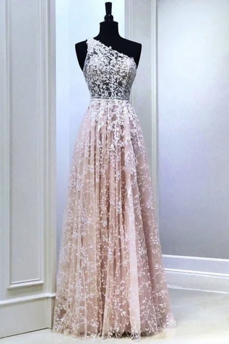 Pink Tulle Lace One Shoulder Long A Line Prom Dress, Evening Dresses